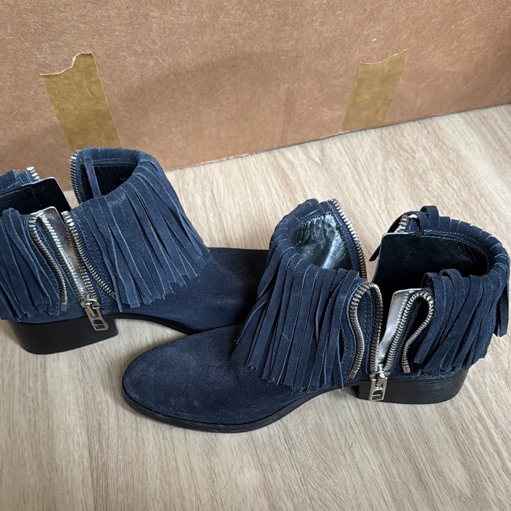 Fringe Suede Ankle Boots - Navy